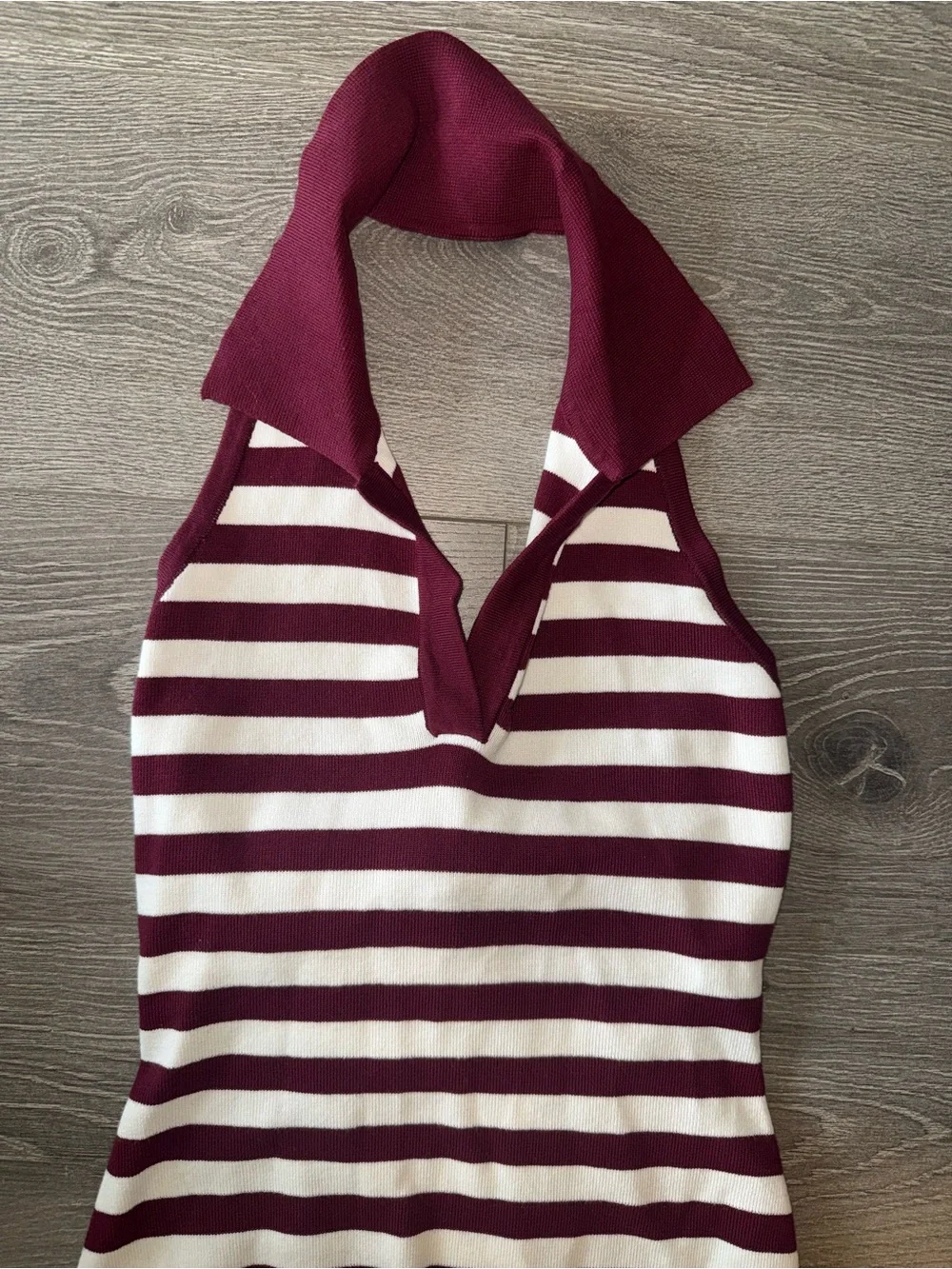 Striped Maroon and White Halter One-Piece Swimdress